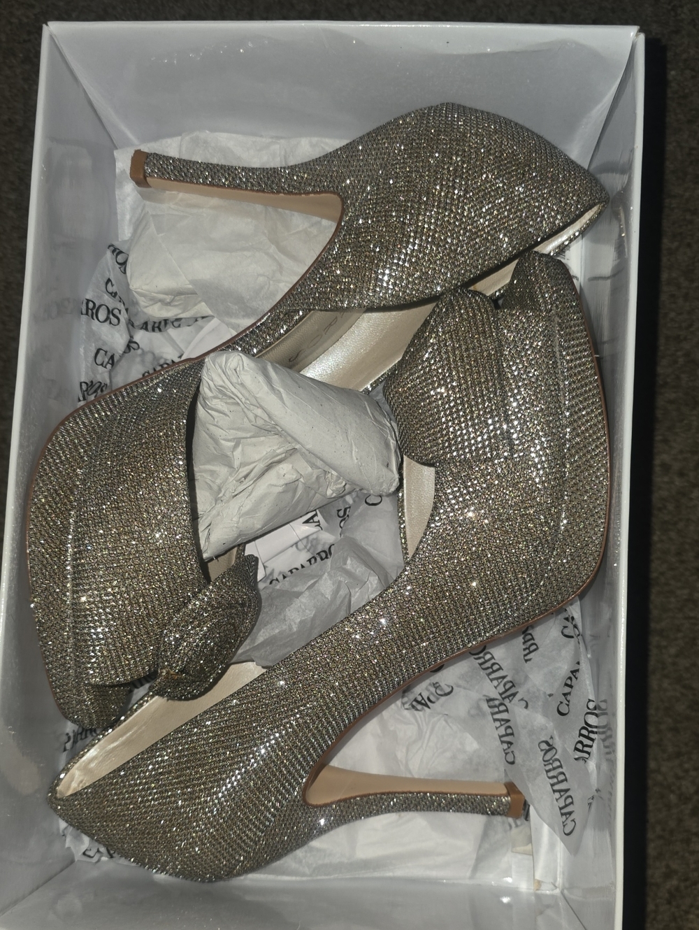 Caparros Champagne Glitter Peep-Toe High Heels